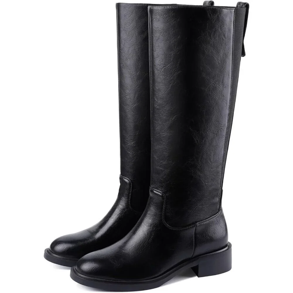 Women's A-black Round Toe Wide Calf Chunky Low Heel Pull Knee High Boots Rubber
